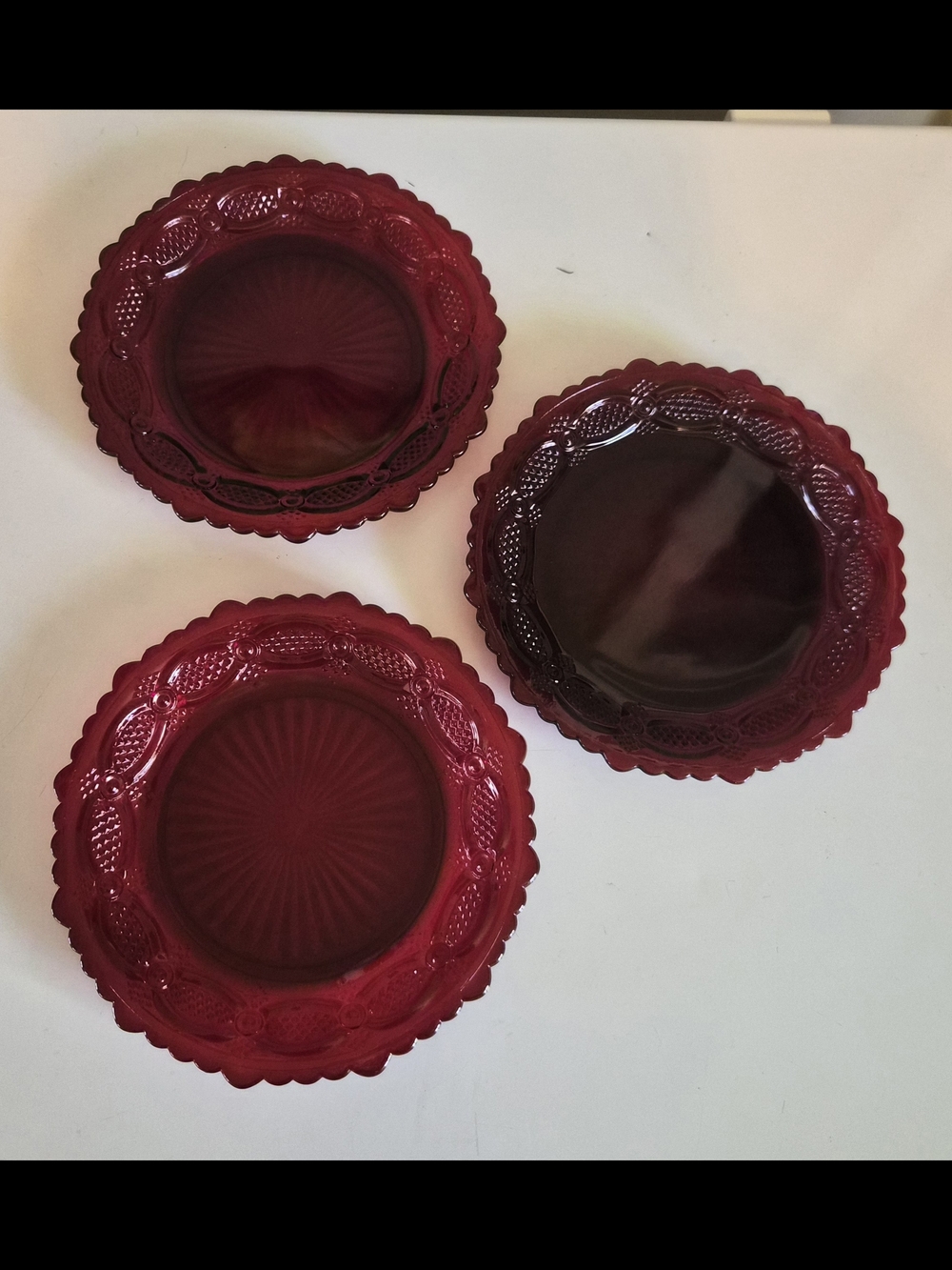 3 Avon 1876 Ruby Red Glass Dessert Plates